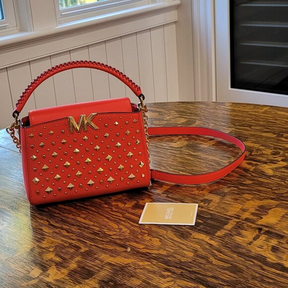 NWOT Michael Kors Gold Studded Crossbody Bag. Red. Gold Chain. Removable Strap. - Picture 14 of 16